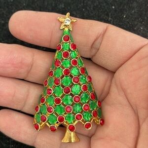 MYLU Vintage Signed Gold Tone Red Rhinestones Ornament Christmas Tree Brooch. MA